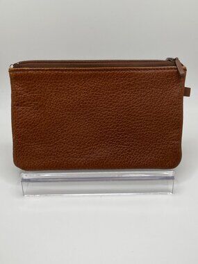 Burberry Cognac Pebbled Leather Haymarket Check Lined Pouch